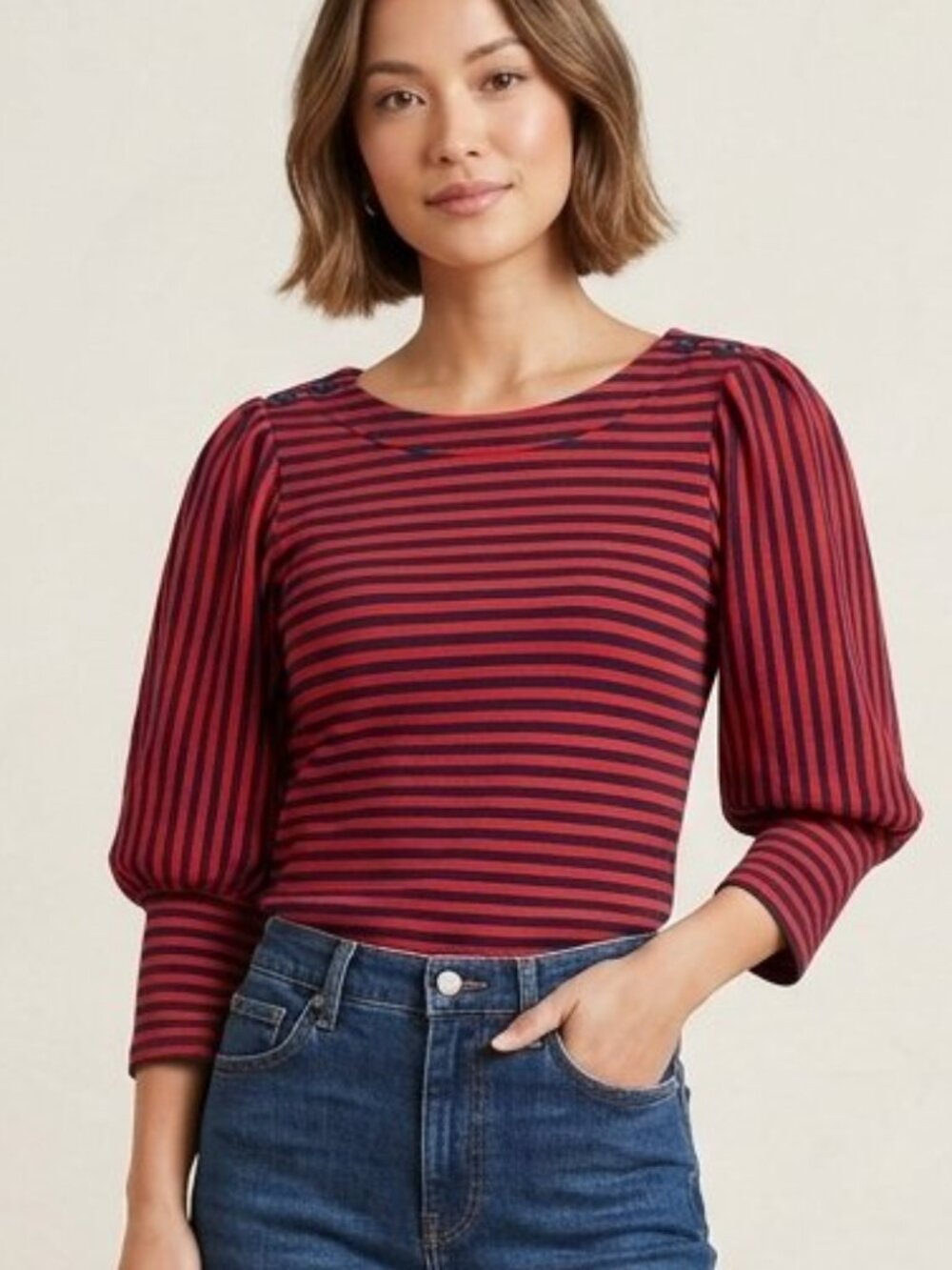 Studio Petite JPR Red Blue Nautical Stripe 3/4 Balloon Sleeve Shirt‎ Size SP